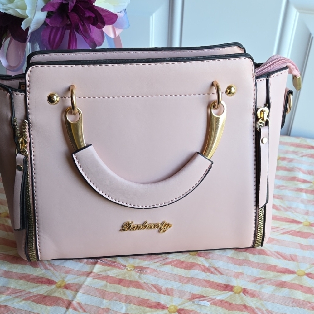 Pink and Gold Structured Satchel with Gold Hardware